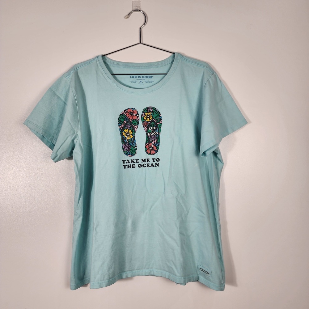 Life is Good Crusher Tee Womens XL Blue Flip Flops Beach Summer Graphic T-Shirt